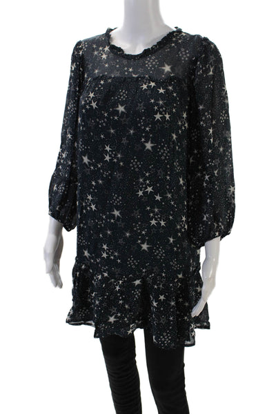 Velvet Womens Textured Long Sleeve Round Neck Star Print Blouse Navy Size XS