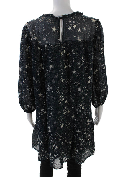 Velvet Womens Textured Long Sleeve Round Neck Star Print Blouse Navy Size XS