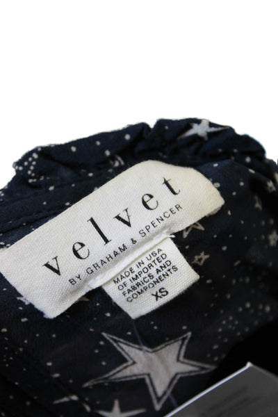 Velvet Womens Textured Long Sleeve Round Neck Star Print Blouse Navy Size XS