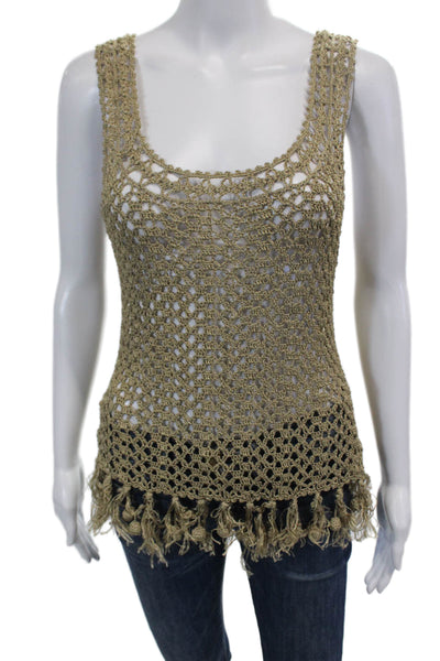 Calypso Womens Textured Scoop Neck Sleeveless Crochet Knit Tank Top Gold Tone Si