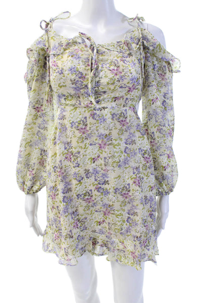 ASTR Womens Floral Sweetheart Neck Long Sleeve A-Line Mini Dress Green Size S