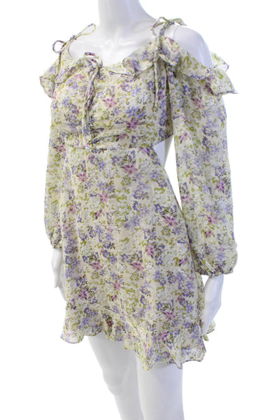 ASTR Womens Floral Sweetheart Neck Long Sleeve A-Line Mini Dress Green Size S