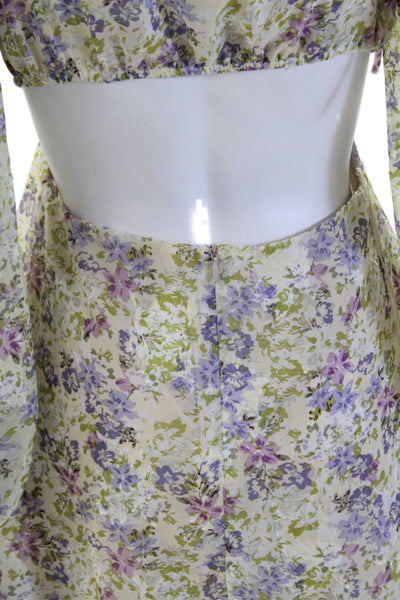 ASTR Womens Floral Sweetheart Neck Long Sleeve A-Line Mini Dress Green Size S