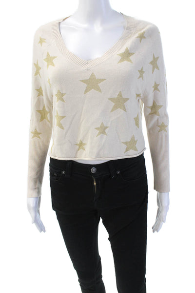 Chaser Womens Geometric V-Neck Cropped Pullover Knit Sweater Beige Size S