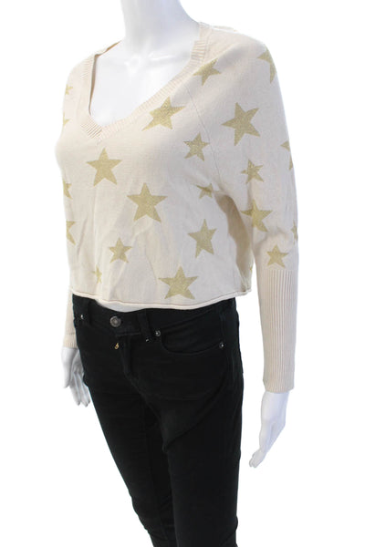 Chaser Womens Geometric V-Neck Cropped Pullover Knit Sweater Beige Size S