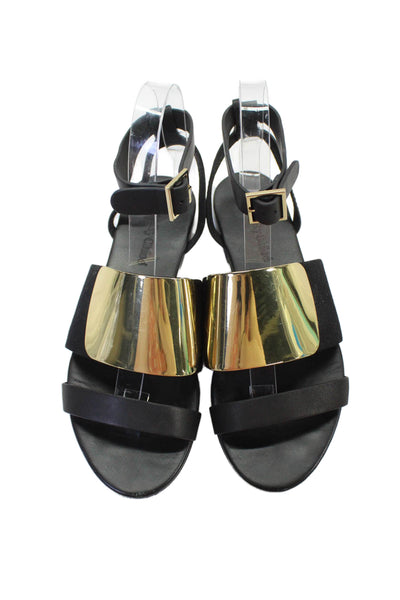 See by Chloe Womens Ankle Strap Gold Tone Panel Detail Flats Black Size 6.5