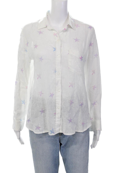 Rails Womens Button Front Collared Star Linen Shirt White Purple Blue Size XS