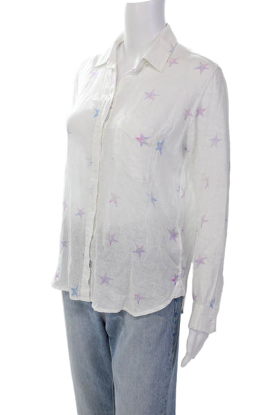 Rails Womens Button Front Collared Star Linen Shirt White Purple Blue Size XS