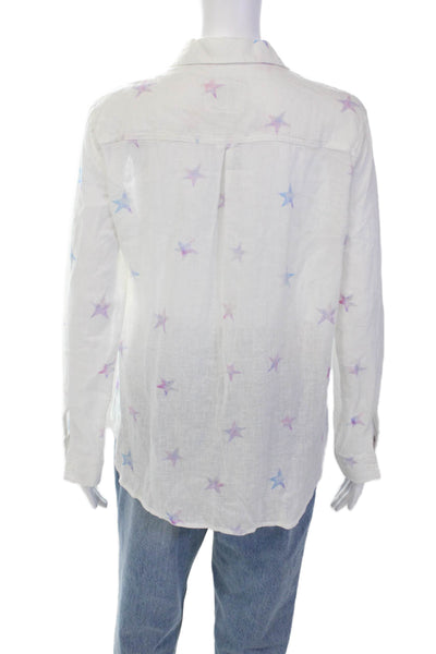 Rails Womens Button Front Collared Star Linen Shirt White Purple Blue Size XS