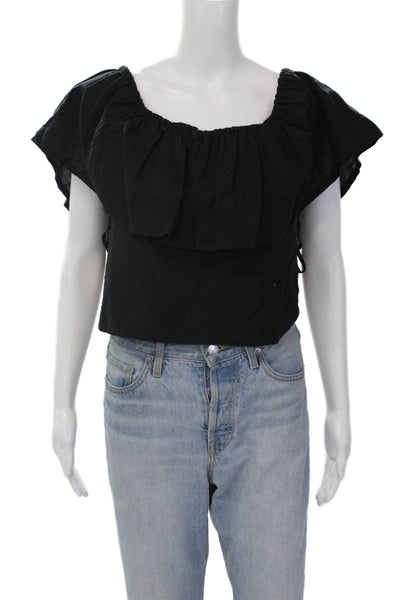 Mara Hoffman Womens Elastic Off Shoulder Ruffled Linen Top Black Extra Small