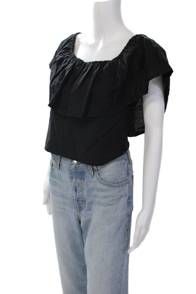 Mara Hoffman Womens Elastic Off Shoulder Ruffled Linen Top Black Extra Small
