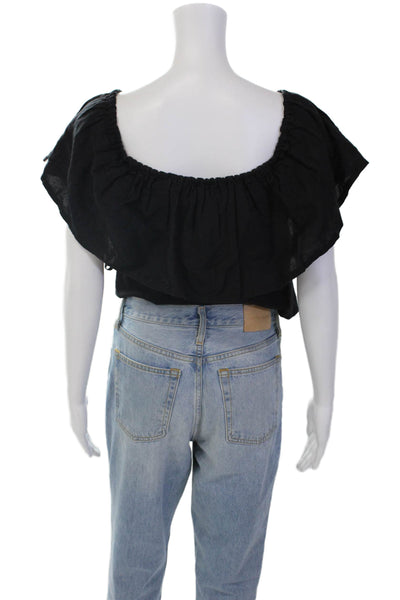 Mara Hoffman Womens Elastic Off Shoulder Ruffled Linen Top Black Extra Small