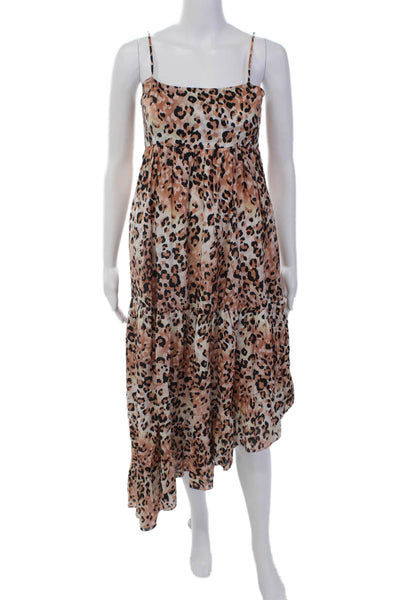 Karina Grimaldi Womens Zip Up Spaghetti Strap Cheetah Midi Dress Brown Black XS