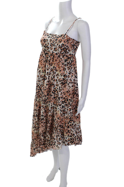 Karina Grimaldi Womens Zip Up Spaghetti Strap Cheetah Midi Dress Brown Black XS