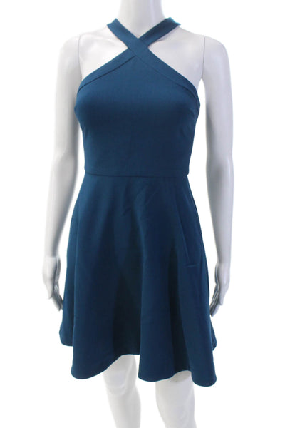 Likely Womens Halter Neck Criss Cross Strap Zip Back Skater Dress Blue Size 0