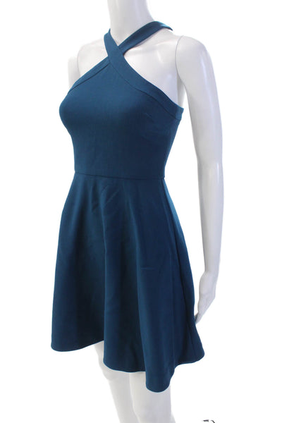 Likely Womens Halter Neck Criss Cross Strap Zip Back Skater Dress Blue Size 0
