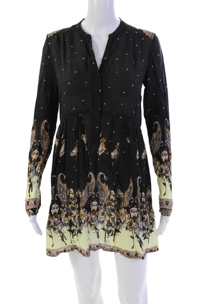 Free People Womens Floral Print Long Sleeve Button Up Neck Dress Black Size S