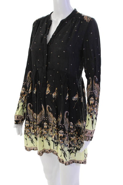 Free People Womens Floral Print Long Sleeve Button Up Neck Dress Black Size S