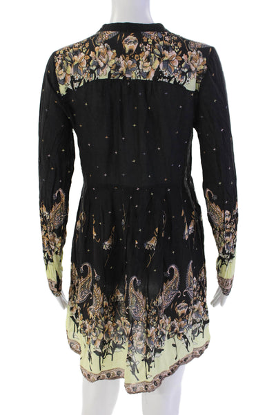 Free People Womens Floral Print Long Sleeve Button Up Neck Dress Black Size S