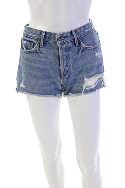 Grlfrnd Womens Cotton Button Distressed Denim Shorts Blue Size EUR 24