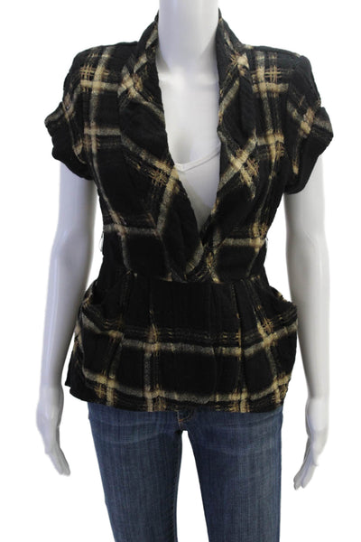 Nanette Lepore Womens Plaid Distressed Button Down Shirt Black Brown Wool Size 2