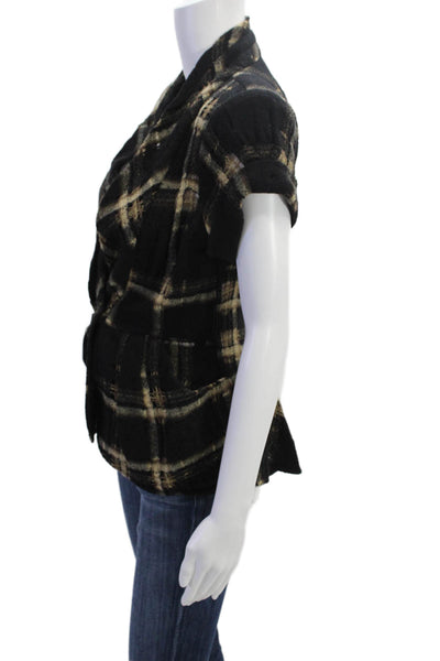 Nanette Lepore Womens Plaid Distressed Button Down Shirt Black Brown Wool Size 2