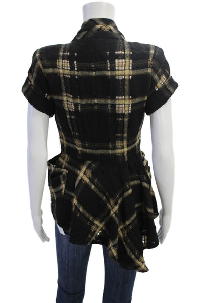 Nanette Lepore Womens Plaid Distressed Button Down Shirt Black Brown Wool Size 2