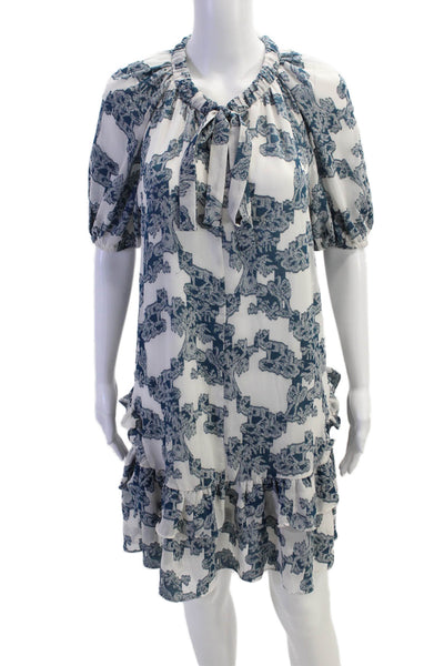 Current Air Womens Tie Neck Puff Sleeve Ruffled Hem Detail Dress Blue Size XS
