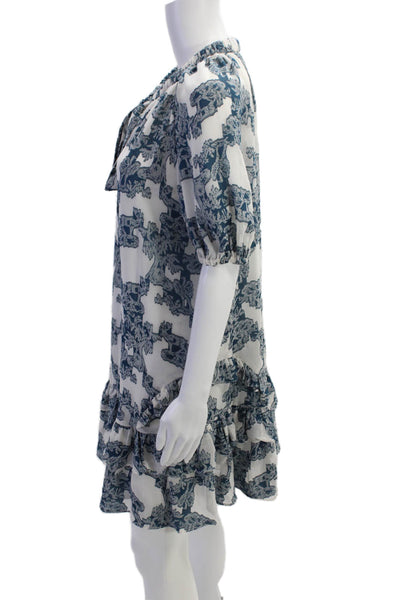 Current Air Womens Tie Neck Puff Sleeve Ruffled Hem Detail Dress Blue Size XS