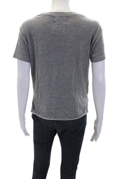 Nation LTD Womens Pom Pom Hem Short Sleeve Round Neck T-Shirt Gray Size XS