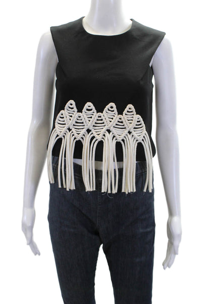Tibi Womens Back Zip Sleeveless Crew Neck Fringe Detail Top Black White Size 0