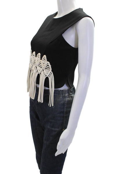 Tibi Womens Back Zip Sleeveless Crew Neck Fringe Detail Top Black White Size 0