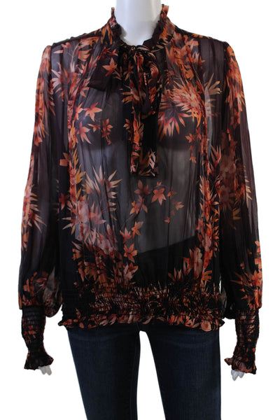 Warm Womens Long Sleeve Sheer Floral Tie Collar Blouse Purple Size 1