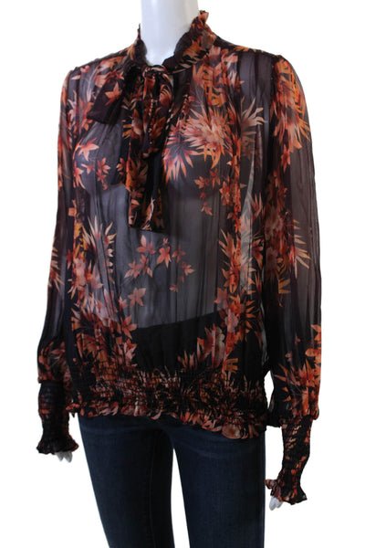 Warm Womens Long Sleeve Sheer Floral Tie Collar Blouse Purple Size 1