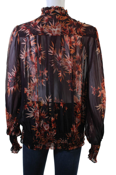 Warm Womens Long Sleeve Sheer Floral Tie Collar Blouse Purple Size 1
