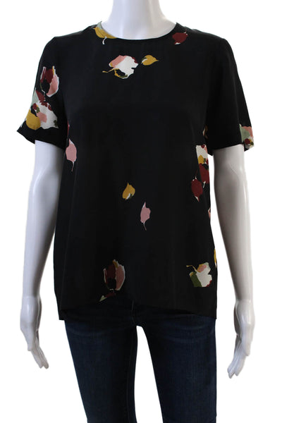 Madewell Womens Silk Short Sleeve Floral Print Blouse Black Size XS