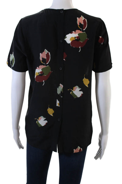 Madewell Womens Silk Short Sleeve Floral Print Blouse Black Size XS