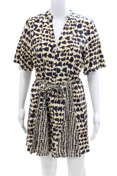 Zara Womens Button Front Short Sleeve Abstract Dress White Navy Size Extra Small