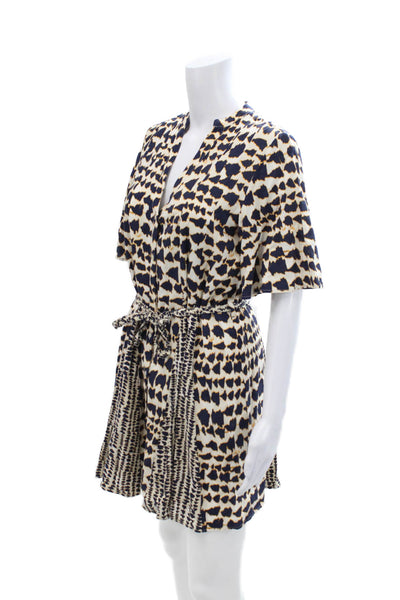 Zara Womens Button Front Short Sleeve Abstract Dress White Navy Size Extra Small