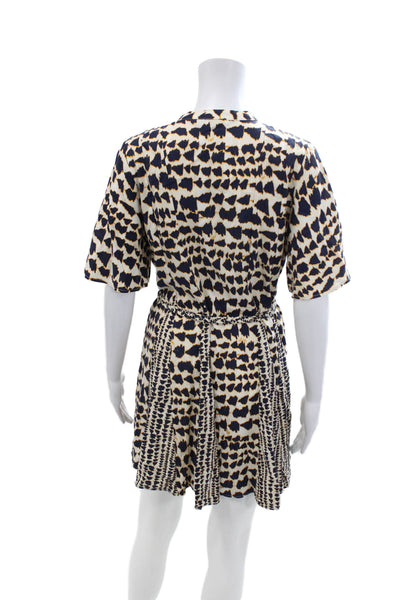 Zara Womens Button Front Short Sleeve Abstract Dress White Navy Size Extra Small