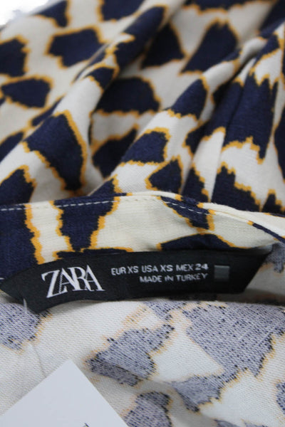 Zara Womens Button Front Short Sleeve Abstract Dress White Navy Size Extra Small