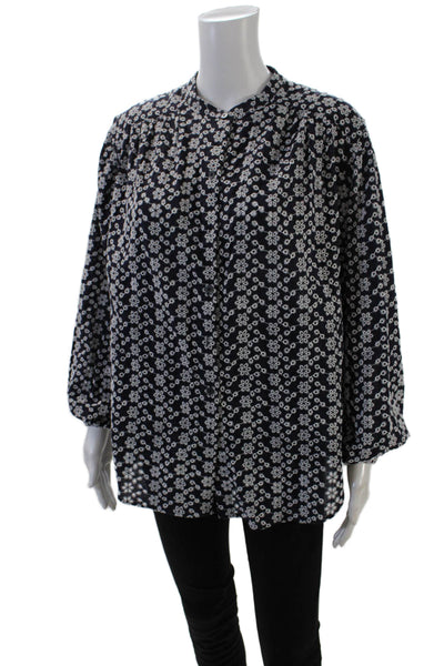 Boden Womens Eyelet Button Down Shirt Navy Blue White Cotton Size 8