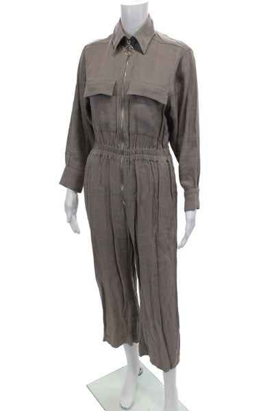 Zara Woman Womens Collared Zip Up Cinched Waist Wide Leg Jumpsuit Gray Size XS