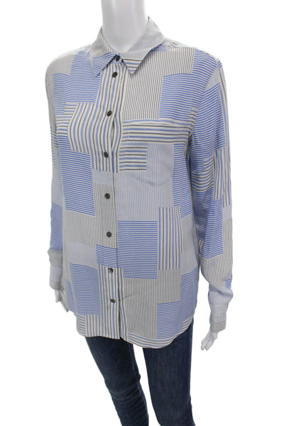 Equipment Femme Womens Silk Striped Button Down Blouse White Blue Size Extra Sma