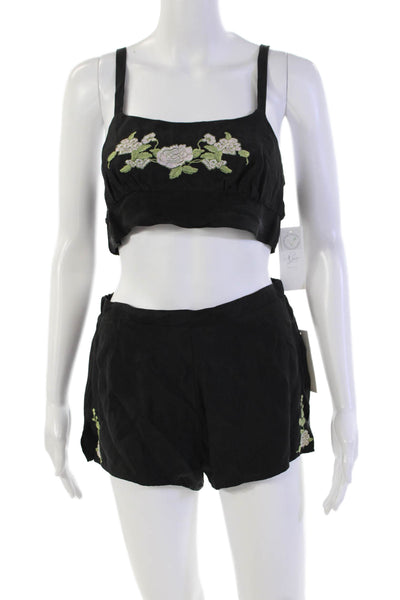 Rya Womens Floral Embroidered Elastic Waist Shorts & Top Sets Black Size S