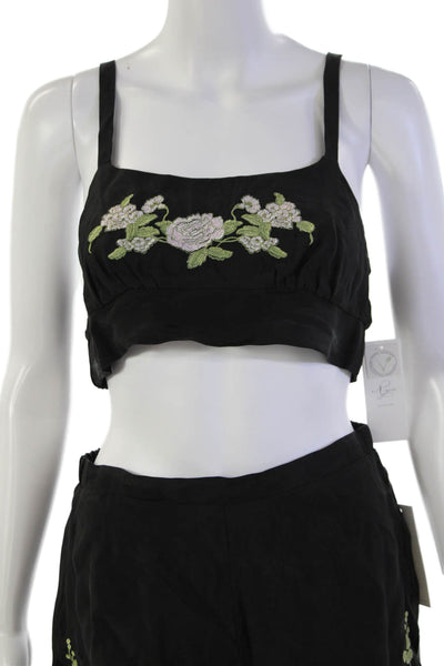 Rya Womens Floral Embroidered Elastic Waist Shorts & Top Sets Black Size S
