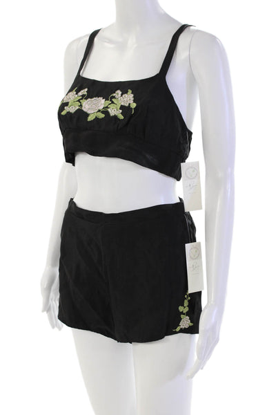 Rya Womens Floral Embroidered Elastic Waist Shorts & Top Sets Black Size S