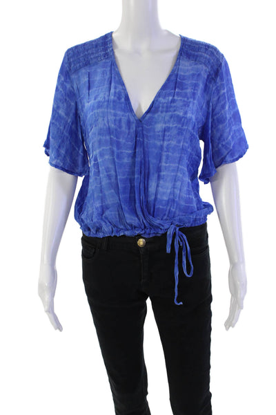 Bella Dahl Womens Tie-Dye Drawstring Hem V-Neck Blouse Top Blue Size M