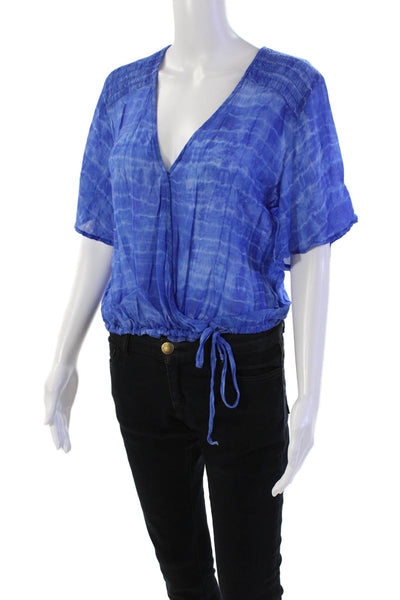Bella Dahl Womens Tie-Dye Drawstring Hem V-Neck Blouse Top Blue Size M