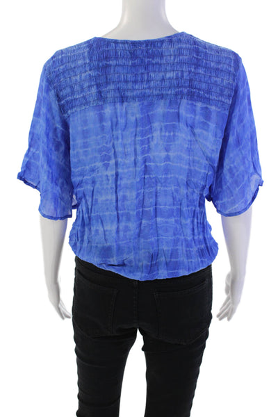 Bella Dahl Womens Tie-Dye Drawstring Hem V-Neck Blouse Top Blue Size M